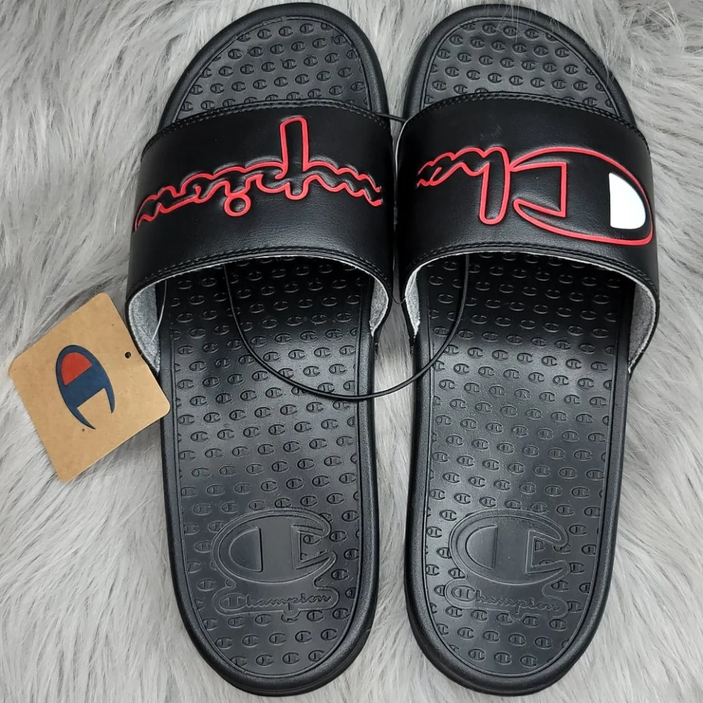 Champion Super Slide Split Script Logo Black Red Sandals